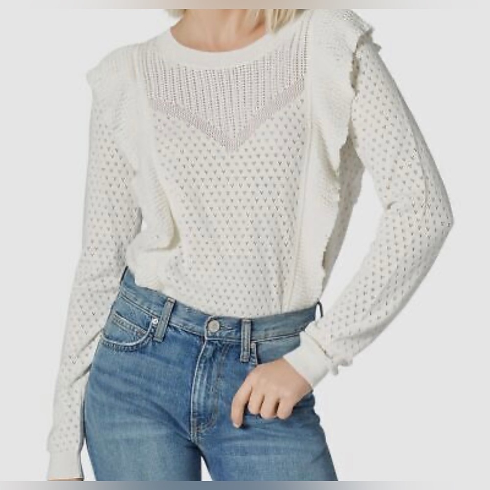 Joie Women's White Long Sleeve Ruffle Trim Pointelle Sweater Size XS